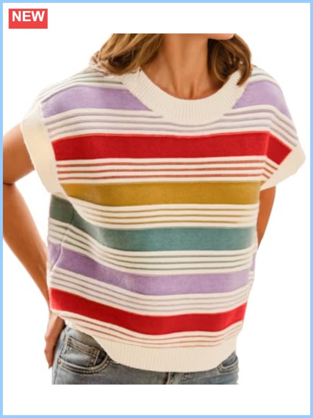 Ladies Striped Cap Sleeve Knit Sweater Vest Lightweight Loose Fit